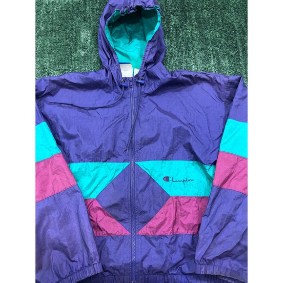 Champion Color Block Windbreaker Jacket Hooded Purple Teal Pink Medium - Picture 2 of 4